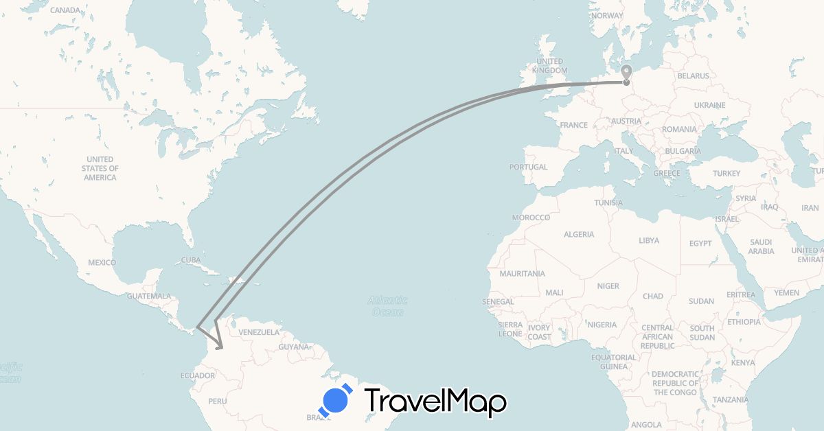 TravelMap itinerary: driving, plane in Colombia, Germany, Netherlands, Panama (Europe, North America, South America)